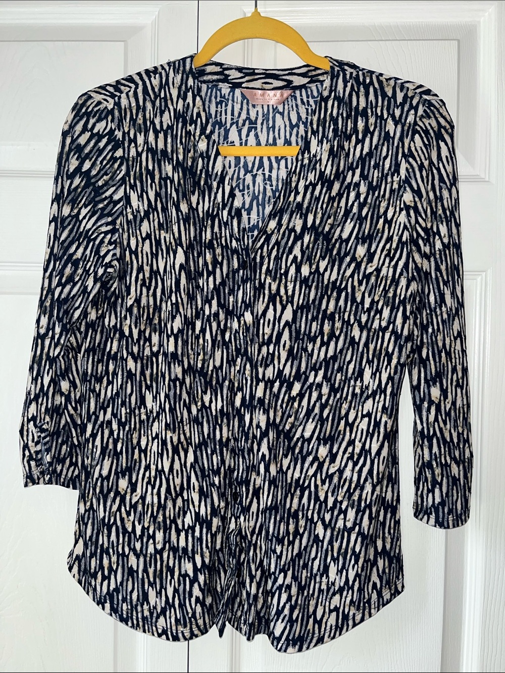 Printed Navy and White V-Neck Blouse